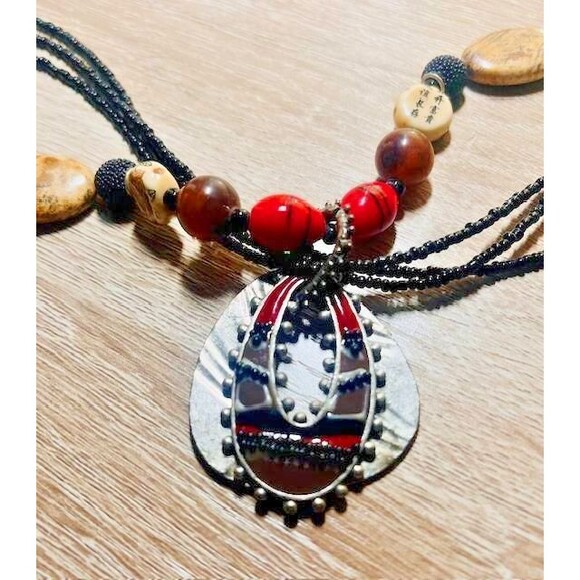 Chico's 4 Strand Boho Bold Faux Agate Cloisonne Seed Beads Pendant 21" Necklace - Picture 6 of 7